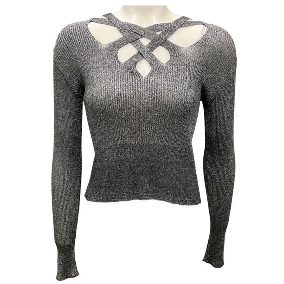 MISSONI SILVER METALLIC GLITTER CUT OUT DETAIL RIBBED KNIT SWEATER - Picture 1 of 6